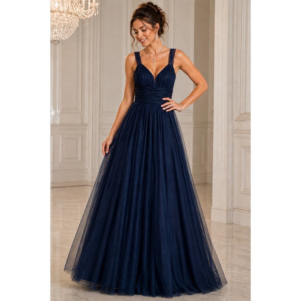City Studios Pleated Bodice Navy Formal Gown Size 11 NWT